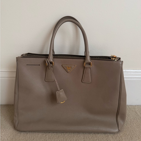 Prada Grayish Tan Saffiano Leather Double Zip Tote Bag - Picture 1 of 16